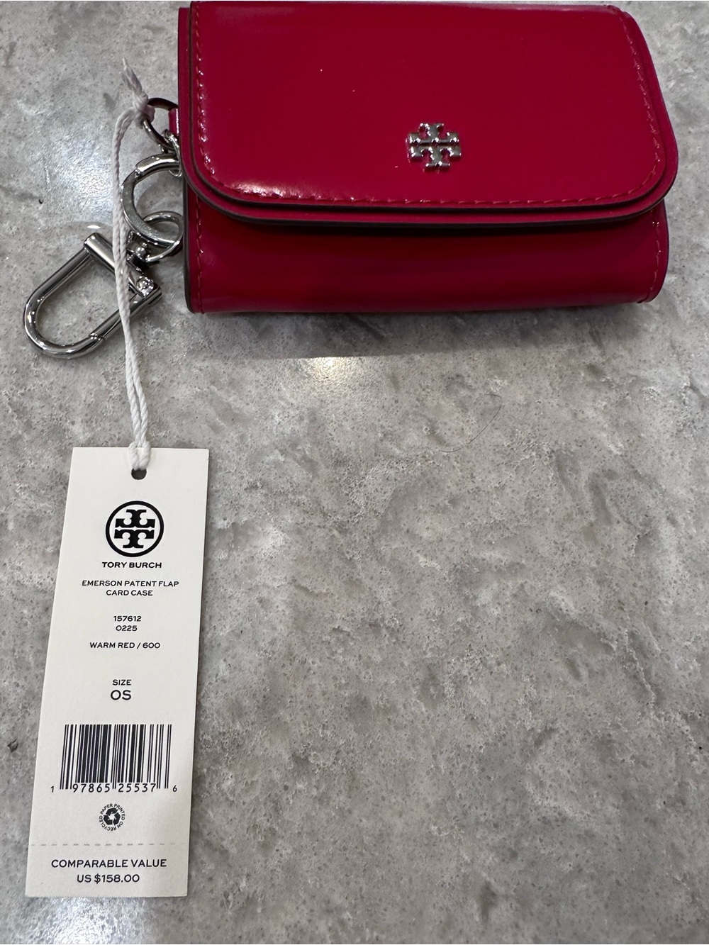 Tory Burch Warm Red Patent Emerson Flap Card Case Tag